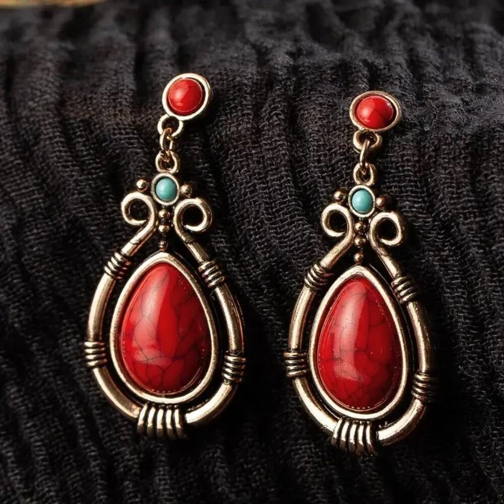 1pc.  Ladies Vintage Ethnic Red Synthetic Turquoise Earrings